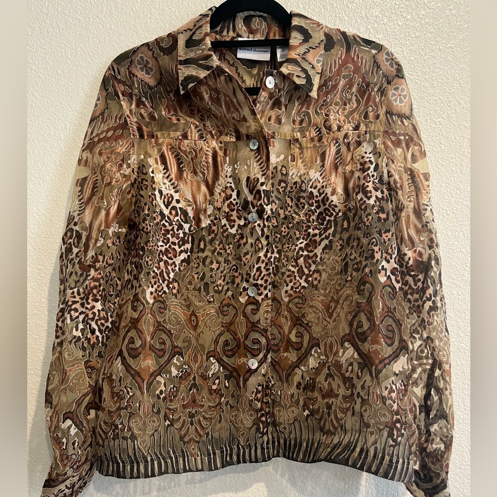 Alfred Dunner Womens Shirt Jacket Brown Leopard Print Floral‎ Sheer